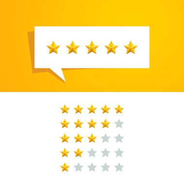 Tüm Şirket Değerlendirmesi İçin Altın Renk ve Konuşma Baloncuğu ile 5,5 Yıldız Derecelendirme Vektör Tasarım Şablonu