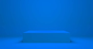 Mavi arkaplan üzerinde boş podyum veya kaide görüntüsü stand konsepti ile, boş ürün raf ayakta duran 3B canlandırma