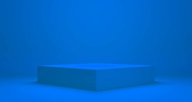 Mavi arkaplan üzerinde boş podyum veya kaide görüntüsü stand konsepti ile, boş ürün raf ayakta duran 3B canlandırma