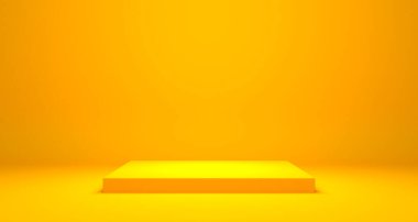 Sarı zemin üzerinde boş podyum veya kaide görüntüsü stand konsepti ile, boş ürün raf ayakta duran 3D canlandırma