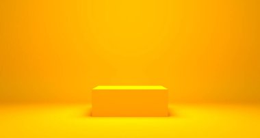 Sarı zemin üzerinde boş podyum veya kaide görüntüsü stand konsepti ile, boş ürün raf ayakta duran 3D canlandırma