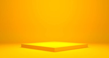 Sarı zemin üzerinde boş podyum veya kaide görüntüsü stand konsepti ile, boş ürün raf ayakta duran 3D canlandırma