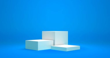 Mavi arkaplan üzerinde boş podyum veya kaide görüntüsü stand konsepti ile, boş ürün raf ayakta duran 3B canlandırma