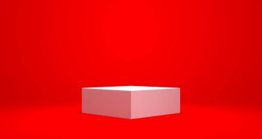 Boş podyum veya ayakta durma konsepti ile Kırmızı arkaplan üzerinde kaide görüntüsü, boş ürün raf 3D oluşturma