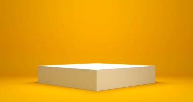 Sarı zemin üzerinde boş podyum veya kaide görüntüsü stand konsepti ile, boş ürün raf ayakta duran 3D canlandırma