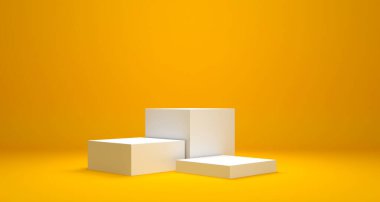 Sarı zemin üzerinde boş podyum veya kaide görüntüsü stand konsepti ile, boş ürün raf ayakta duran 3D canlandırma