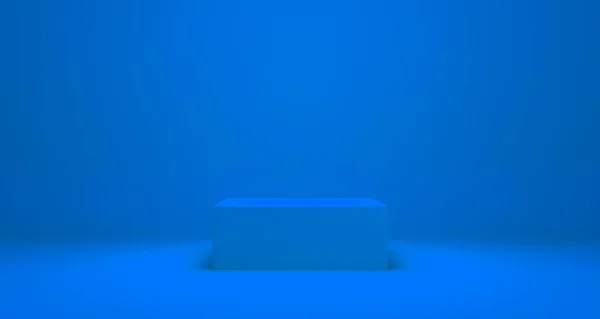 Exibição Vazia Pódio Pedestal Fundo Azul Com Conceito Suporte Prateleira — Fotografia de Stock
