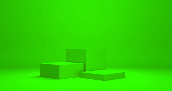 Пустой подиум или пьедестал на зеленом фоне с концепцией стенда, блеск продукции Blank, объемная 3D-рендеринг