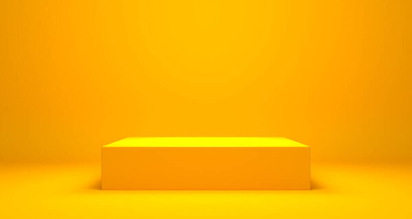 Пустой подиум или пьедестал дисплея на желтом фоне с концепцией стенда, блеск изделия, стоя на заднем плане 3D-рендеринг