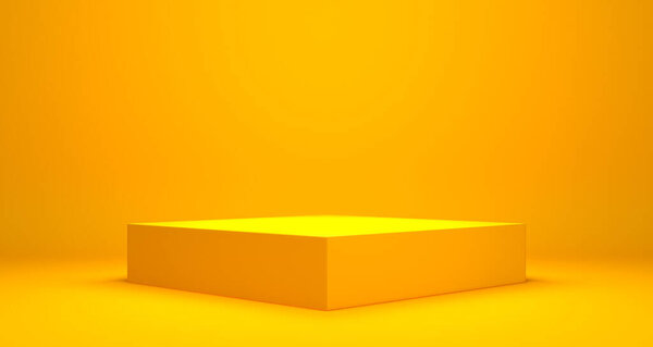 Пустой подиум или пьедестал дисплея на желтом фоне с концепцией стенда, блеск изделия, стоя на заднем плане 3D-рендеринг