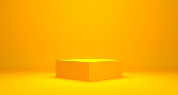 Κενό Βάθρο Βάθρο Οθόνη Κίτρινο Φόντο Stand Concept Κενό Ράφι — Φωτογραφία Αρχείου