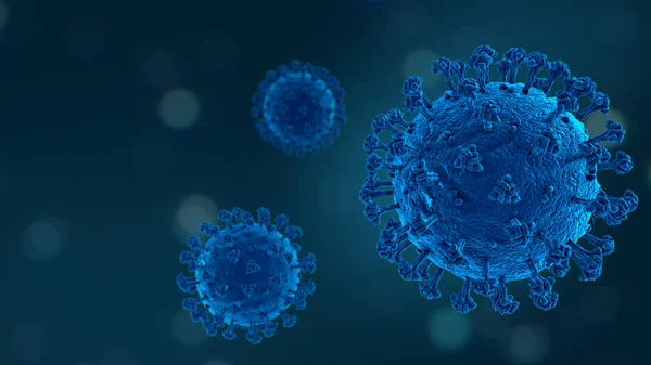 Corona Virus Disease COVID-19 Close Up 3d Render with Depth Of Field Dark Background for Education Worldwide Pandemic with Copy space