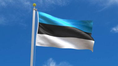 Estonya Bayrak Ülkesi 3D Dalgalanan Dalgalanma Mavi gökyüzünün arka planında gümüş çubukla dalgalanıyor