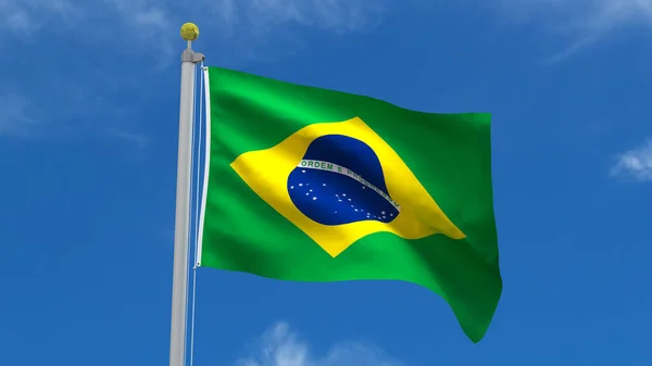 Brazil Flag Country Rendering Waving Пурхаючи Тлі Синього Неба Срібним — стокове фото