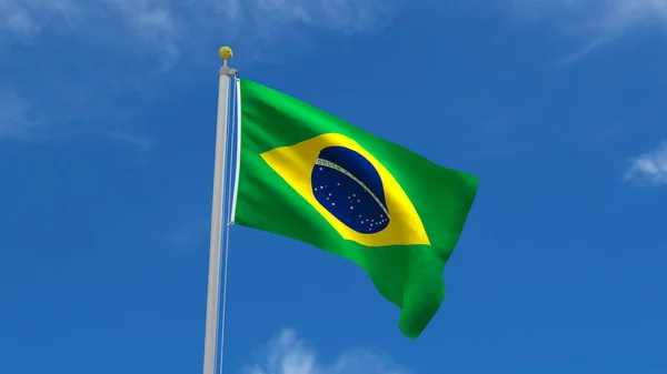 Brazil Flag Country Rendering Waving Пурхаючи Тлі Синього Неба Срібним — стокове фото