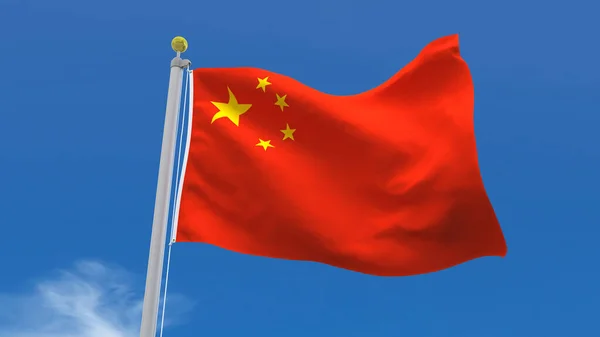 中国旗国3Dレンダリング波 銀の棒で青い空の背景になびく — ストック写真