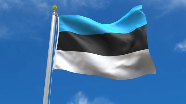 Estonia Flag Country 3D Rendering Waving, fluttering against the background of the blue sky with silver pole