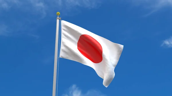 Японский Флаг Страна Рендеринг Размахивание Трепетание Фоне Голубого Неба Серебряным — стоковое фото