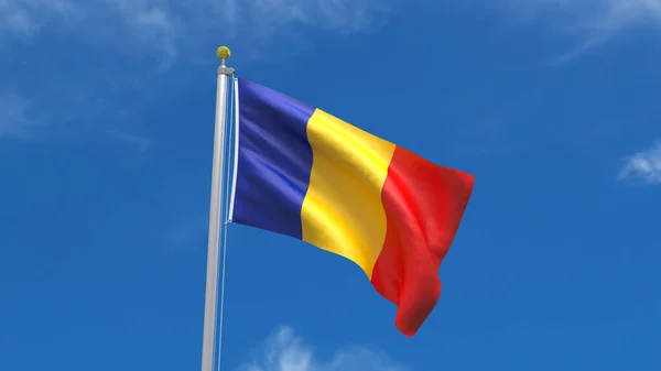 Флаг Румынии Страна Рендеринг Размахивание Трепеща Фоне Голубого Неба Серебряным — стоковое фото