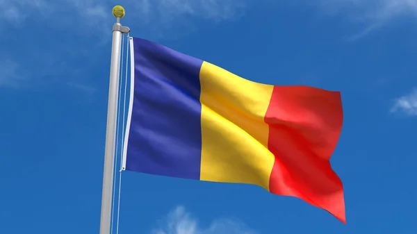 Romania Flag Country Rendering Waving Fluttering Background Blue Sky Silver — Stock Photo, Image