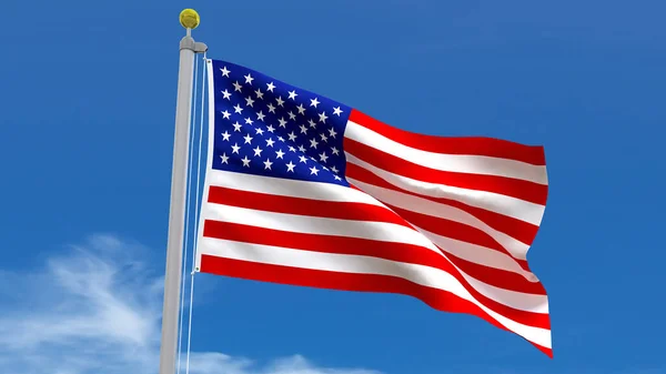 USA America Flag Country 3D Rendering Waving, fluttering against the background of the blue sky with silver pole