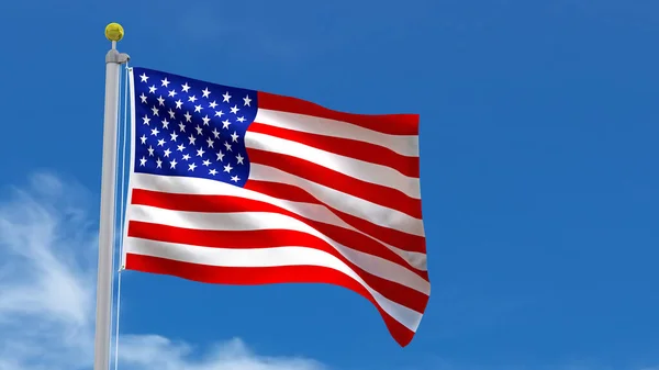 美国船旗国3D渲染波浪 在蓝天的背景下飘扬着银柱 — 图库照片