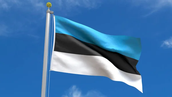 Estonsko Vlajka Země Vykreslování Vlnění Třepetání Pozadí Modré Oblohy Stříbrnou — Stock fotografie