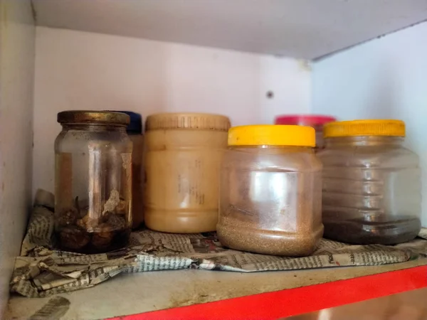 Jar Spices Arranged Cupboard — Stock Photo, Image