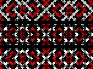Geleneksel Ukrayna nakış deseni, etnik çapraz dikiş süsü, kırmızı ve siyah geometrik halk tasarımı, vektörsüz sınır çizimi