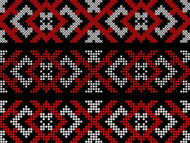 Geleneksel Ukrayna nakış deseni, etnik çapraz dikiş süsü, kırmızı ve siyah geometrik halk tasarımı, vektörsüz sınır çizimi