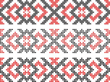 Geleneksel Ukrayna nakış deseni, etnik çapraz dikiş süsü, kırmızı ve siyah geometrik halk tasarımı, vektörsüz sınır çizimi