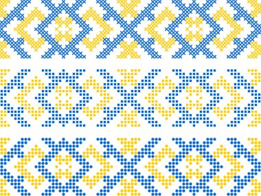 Geleneksel Ukrayna nakış deseni, etnik çapraz dikiş süsü, mavi ve sarı geometrik halk tasarımı, vektörsüz sınır çizimi