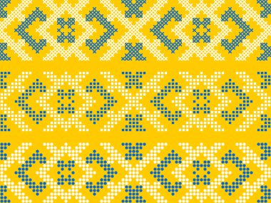 Geleneksel Ukrayna nakış deseni, etnik çapraz dikiş süsü, mavi ve sarı geometrik halk tasarımı, vektörsüz sınır çizimi