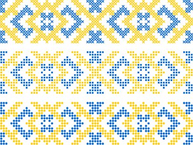 Geleneksel Ukrayna nakış deseni, etnik çapraz dikiş süsü, mavi ve sarı geometrik halk tasarımı, vektörsüz sınır çizimi