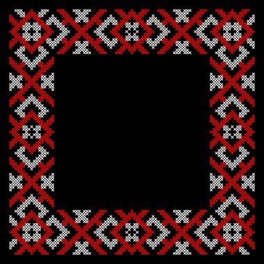 Ukrayna geleneksel nakış çerçevesi, kırmızı ve siyah haç ilmek halk süsü sınırı, tasarım için etnik dekoratif desen, ulusal kültür mirası illüstrasyon
