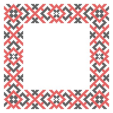 Ukrayna geleneksel nakış çerçevesi, kırmızı ve siyah haç ilmek halk süsü sınırı, tasarım için etnik dekoratif desen, ulusal kültür mirası illüstrasyon
