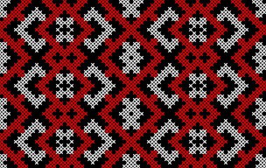 Geleneksel Ukrayna Nakışı Kusursuz Desen Kırmızı ve Kara Haç Dikişi Jeometrik Süsleme, Etnik Tekstil Tasarımı, Kumaş, Giysi, Duvar Kağıdı, Dekoratif Projeler için Vektör Arkaplan
