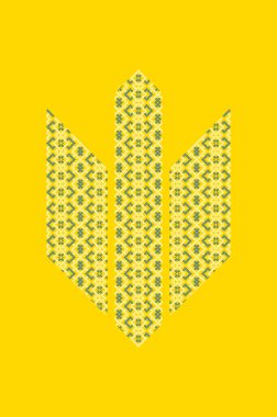 Geleneksel Nakış desenli Ukrayna Mızrak Sembolü Sarı ve Mavi pikselden yapılmış Tryzub Posterler, baskılar, vatansever projeler için Ulusal Amblem Vektör Tasarımı