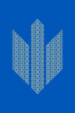 Geleneksel Nakış desenli Ukrayna Mızrak Sembolü Sarı ve Mavi pikselden yapılmış Tryzub Posterler, baskılar, vatansever projeler için Ulusal Amblem Vektör Tasarımı