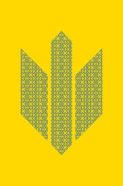 Geleneksel Nakış desenli Ukrayna Mızrak Sembolü Sarı ve Mavi pikselden yapılmış Tryzub Posterler, baskılar, vatansever projeler için Ulusal Amblem Vektör Tasarımı