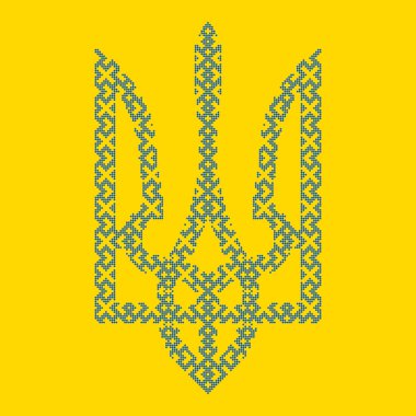 Mavi ve Sarı Renkli Geleneksel Çapraz Dikiş Örnekli Ukrayna Üçlüsü Ulusal Amblem Vektör Sembolü, Poster, Giysi, Vatansever Halk Tasarımı