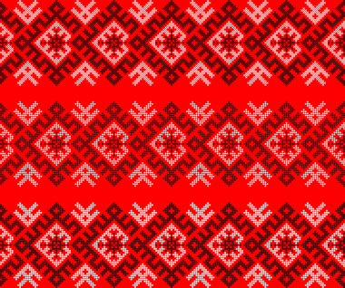 Ukrayna etnik süs vektörü, kırmızı ve siyah dikişsiz desen, geleneksel vyshyvanka nakışı, baskı, kumaş, giysi, web sitesi, afiş, arkaplan