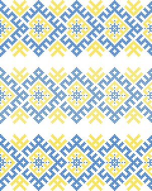 Ukrayna etnik süs vektörü, sarı ve mavi dikişsiz desen, geleneksel vyshyvanka nakışı, baskı, kumaş, giysi, web sitesi, afiş, arkaplan için halk sanatı sınırı