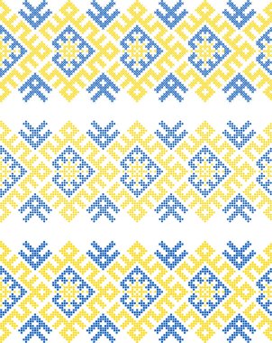 Ukrayna etnik süs vektörü, sarı ve mavi dikişsiz desen, geleneksel vyshyvanka nakışı, baskı, kumaş, giysi, web sitesi, afiş, arkaplan için halk sanatı sınırı