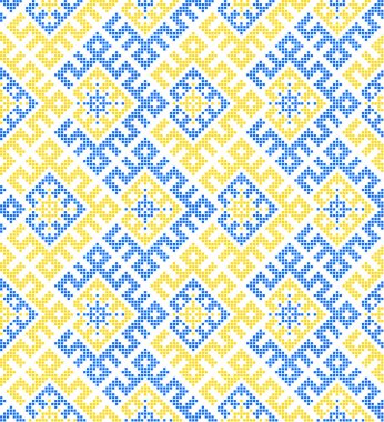 Geleneksel Ukrayna süsleme vektörü, mavi ve sarı dikişsiz desen, etnik vyshyvanka nakışı, baskı, kumaş, giysi, web sitesi, afiş için folk geometrik arkaplan