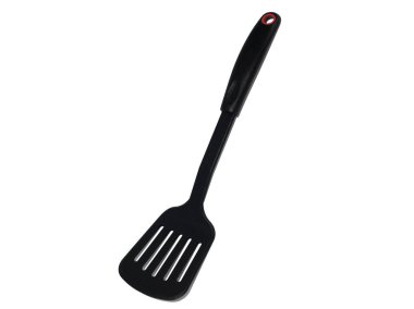 kepçe, spatula ve beyaz bir arka plan üzerinde siyah gıda plastik skimmer, izole, mutfak gereçleri