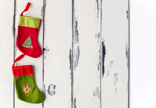 Two Christmas Stockings White Vintage Wooden Background — Stock Photo, Image