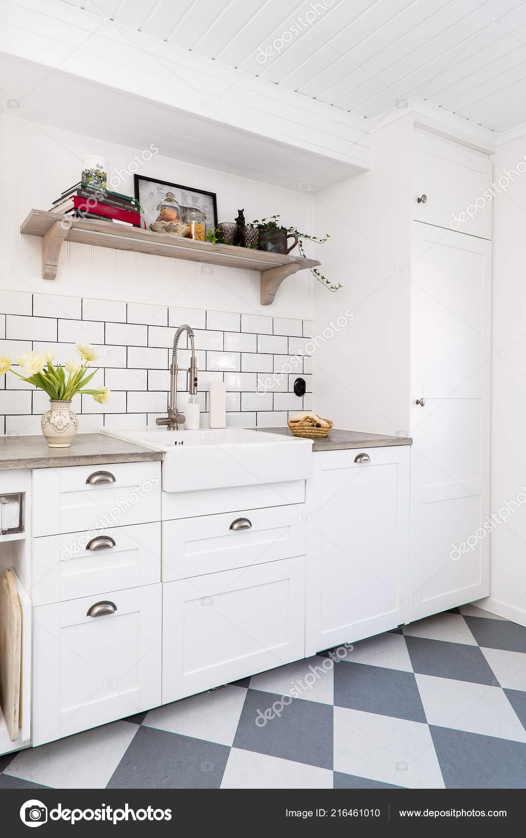 Stylish Kitchen Interior White Tile Cupboards Retro Sink Checkered