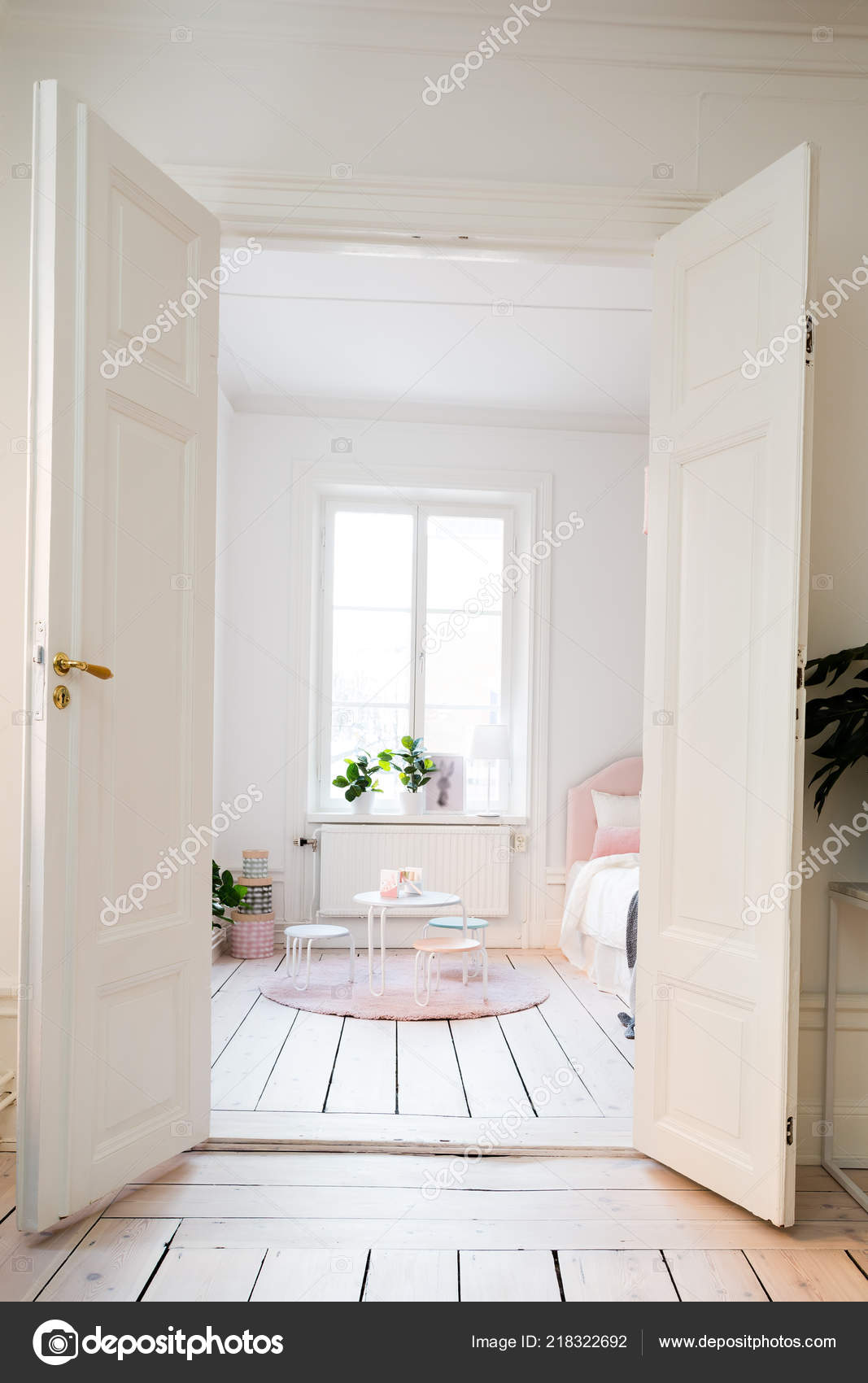 Scandinavian Home Interior Open Doors Kids Room Pink White