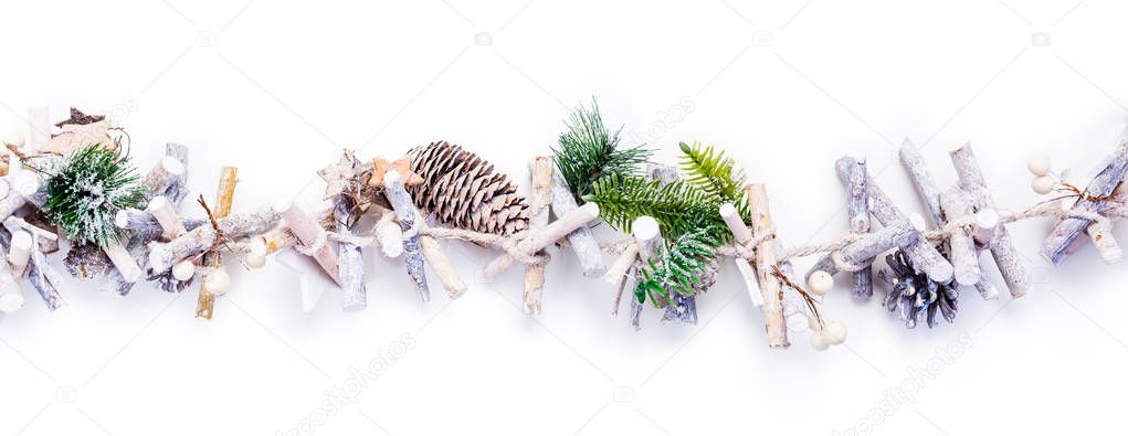 christmas background with stars shaped decoration on wooden with white background